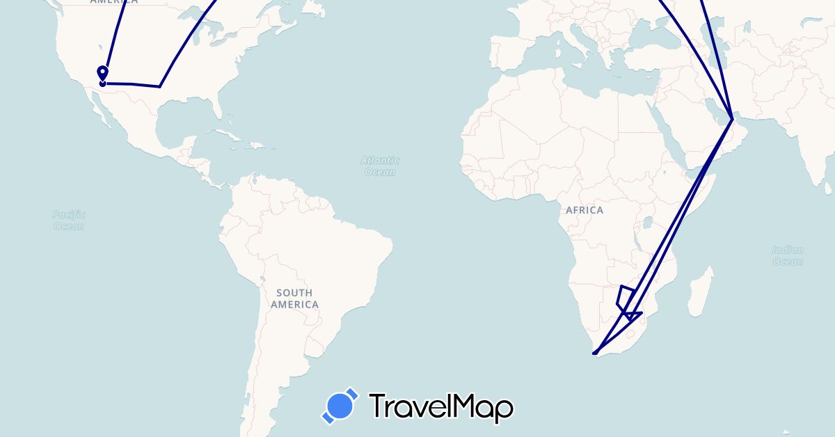 TravelMap itinerary: driving in United Arab Emirates, Botswana, United States, South Africa, Zambia, Zimbabwe (Africa, Asia, North America)